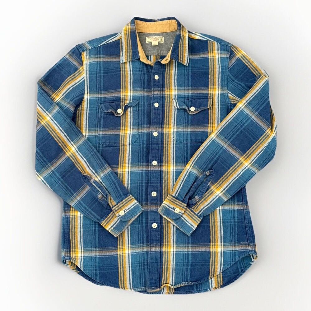 Wallace & Barnes Flannel Shirt Mens Med Blue Yellow Plaid Button Up Preppy EUC